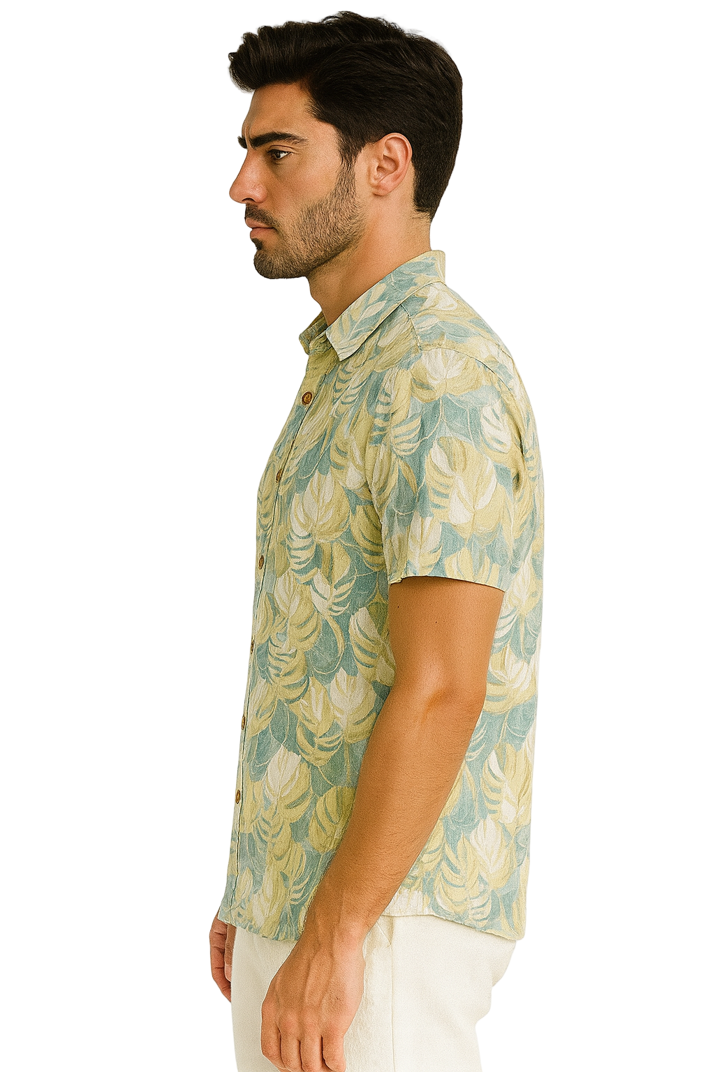 Men’s Tropical Leaf Print Button-Up Shirt – Short Sleeve Casual Resort Wear (55% Cotton, 45% Polyester) - MRS3555 - Casual Tropical Wear