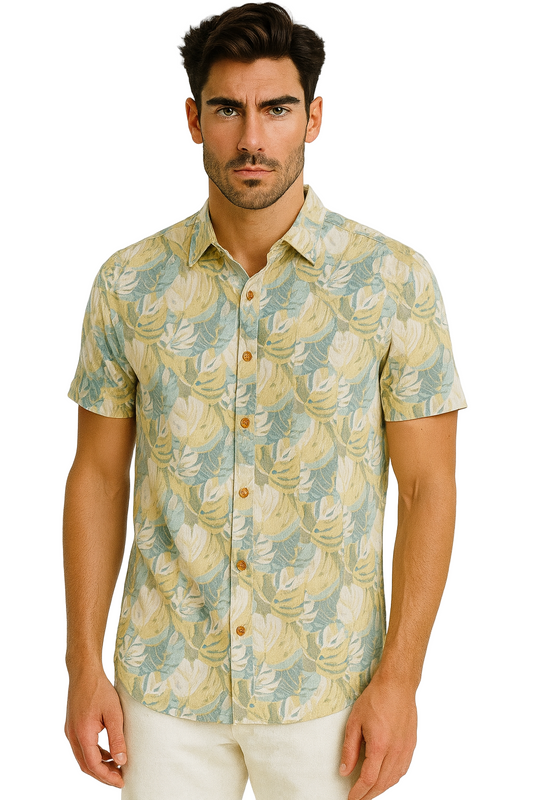 Men’s Tropical Leaf Print Button-Up Shirt – Short Sleeve Casual Resort Wear (55% Cotton, 45% Polyester) - MRS3555 - Casual Tropical Wear