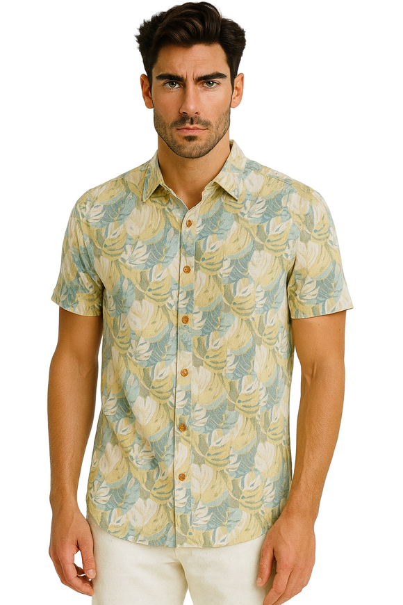 Men’s Tropical Leaf Print Button-Up Shirt – Short Sleeve Casual Resort Wear (55% Cotton, 45% Polyester) - MRS3555