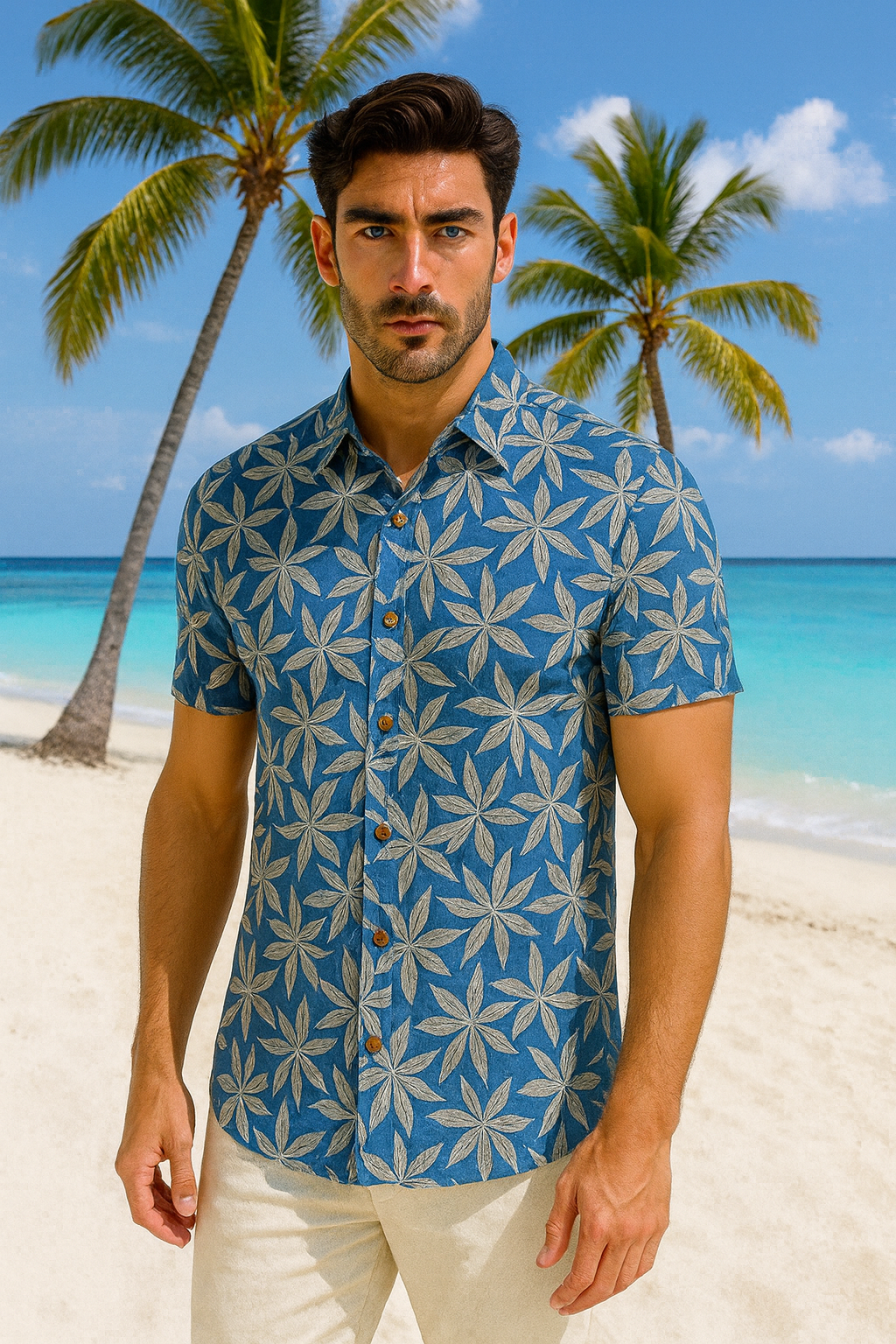 Men’s Blue Tropical Leaf Print Short Sleeve Button-Up Shirt – Casual Resort Wear MRS3552 - Casual Tropical Wear