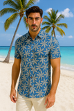 Men’s Blue Tropical Leaf Print Short Sleeve Button-Up Shirt – Casual Resort Wear MRS3552