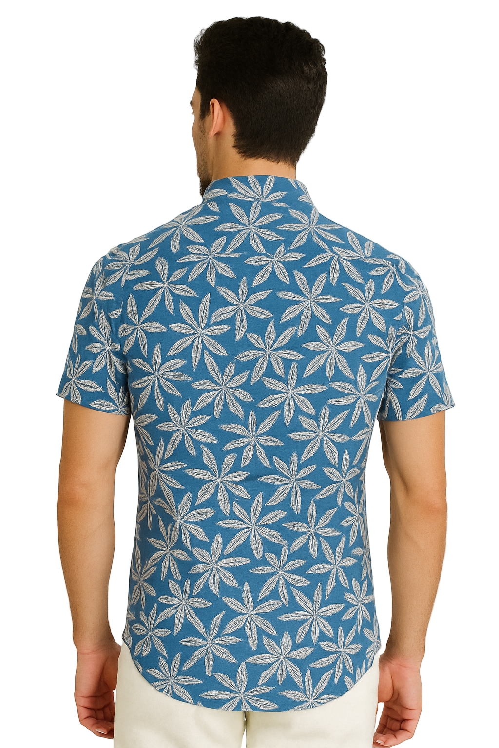 Men’s Blue Tropical Leaf Print Short Sleeve Button-Up Shirt – Casual Resort Wear MRS3552 - Casual Tropical Wear