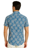 Men’s Blue Tropical Leaf Print Short Sleeve Button-Up Shirt – Casual Resort Wear MRS3552