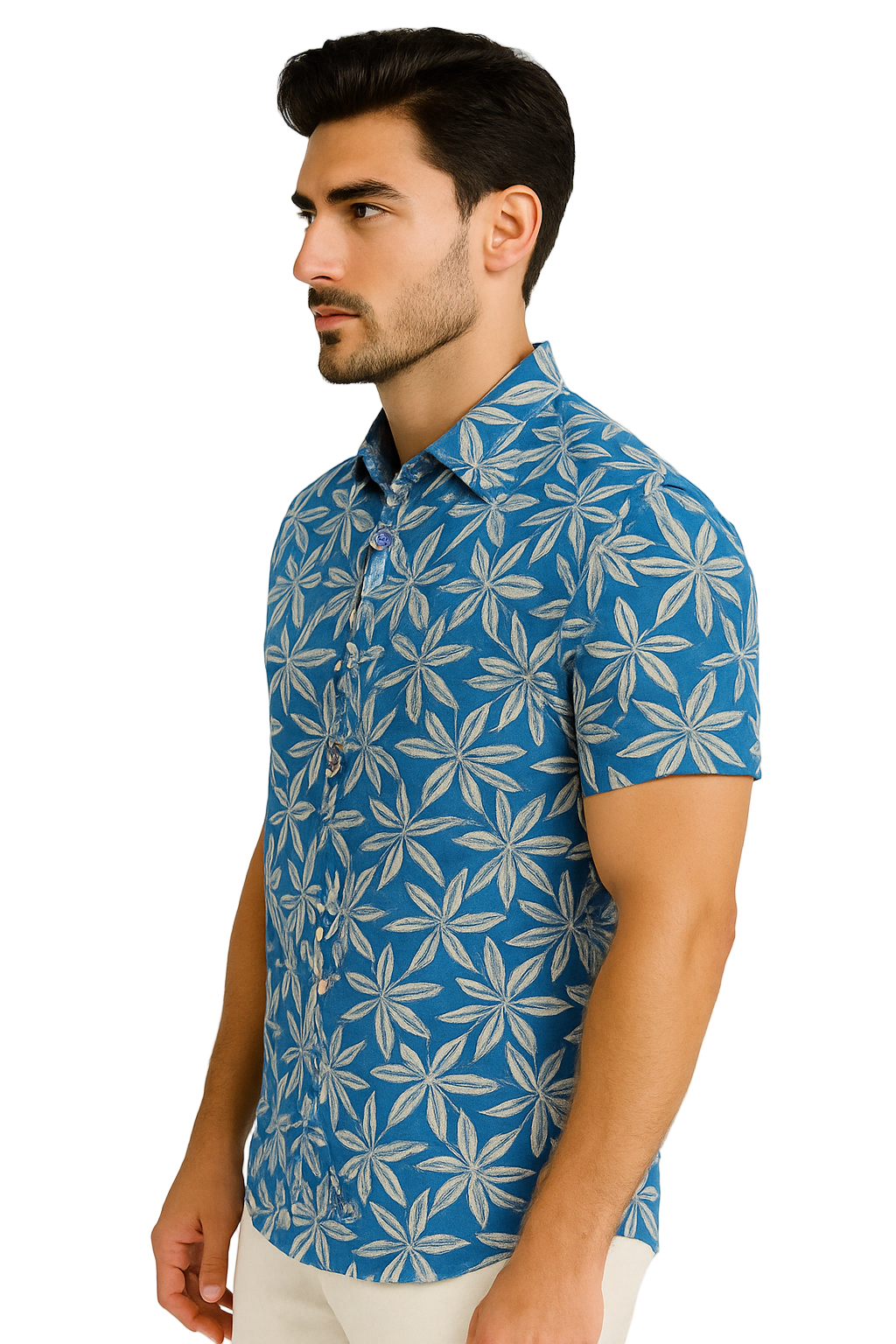 Men’s Blue Tropical Leaf Print Short Sleeve Button-Up Shirt – Casual Resort Wear MRS3552 - Casual Tropical Wear
