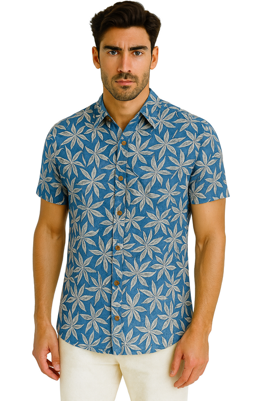 Men’s Blue Tropical Leaf Print Short Sleeve Button-Up Shirt – Casual Resort Wear MRS3552 - Casual Tropical Wear