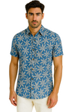 Men’s Blue Tropical Leaf Print Short Sleeve Button-Up Shirt – Casual Resort Wear MRS3552