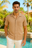 Men’s Textured Short Sleeve Button-Up Shirt – Classic Resort Style in Beige, Mint Green & Taupe | 96% Polyester 4% Spandex