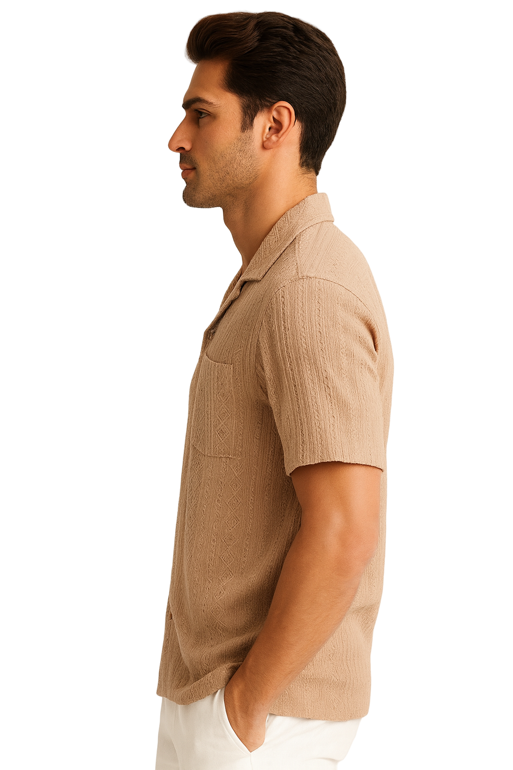 Men’s Textured Short Sleeve Button-Up Shirt – Classic Resort Style in Beige, Mint Green & Taupe | 96% Polyester 4% Spandex - Casual Tropical Wear
