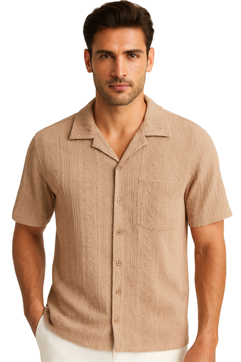 Men’s Textured Short Sleeve Button-Up Shirt – Classic Resort Style in Beige, Mint Green & Taupe | 96% Polyester 4% Spandex - Casual Tropical Wear