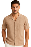 Men’s Textured Short Sleeve Button-Up Shirt – Classic Resort Style in Beige, Mint Green & Taupe | 96% Polyester 4% Spandex