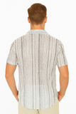 Men’s White & Grey Striped Mesh Knit Short Sleeve Shirt – Lightweight Semi-Sheer Resortwear- MKTF3284