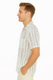 Men’s White & Grey Striped Mesh Knit Short Sleeve Shirt – Lightweight Semi-Sheer Resortwear- MKTF3284