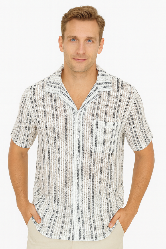 Men’s White & Grey Striped Mesh Knit Short Sleeve Shirt – Lightweight Semi-Sheer Resortwear- MKTF3284