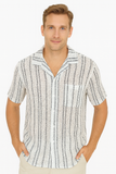 Men’s White & Grey Striped Mesh Knit Short Sleeve Shirt – Lightweight Semi-Sheer Resortwear- MKTF3284