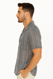 Men’s Striped Mesh Button-Down Shirt – Lightweight Breathable Resort Top (96% Polyester, 4% Spandex) - MKTF3283
