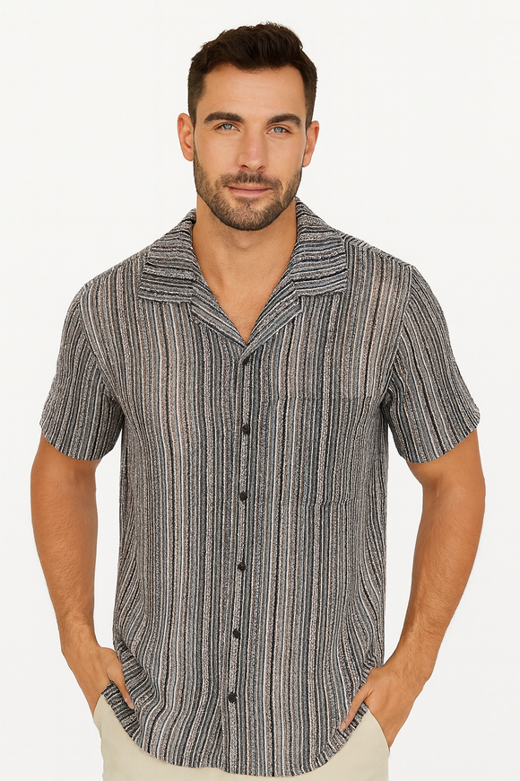 Men’s Striped Mesh Button-Down Shirt – Lightweight Breathable Resort Top (96% Polyester, 4% Spandex) - MKTF3283