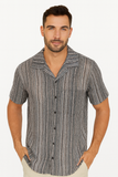 Men’s Striped Mesh Button-Down Shirt – Lightweight Breathable Resort Top (96% Polyester, 4% Spandex) - MKTF3283