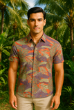 Men’s Tropical Leaf Print Cotton Gauze Short Sleeve Shirt – Multicolor- MCS3244