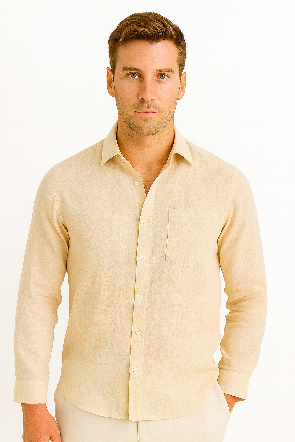 Men’s 100% Linen Long Sleeve Shirt – Classic Resort Style in Lime Green, Navy, and Natural | Casual Tropical Wear - MLS2043 - Casual Tropical Wear