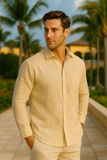 Men’s 100% Linen Long Sleeve Shirt – Classic Resort Style in Lime Green, Navy, and Natural | Casual Tropical Wear - MLS2043