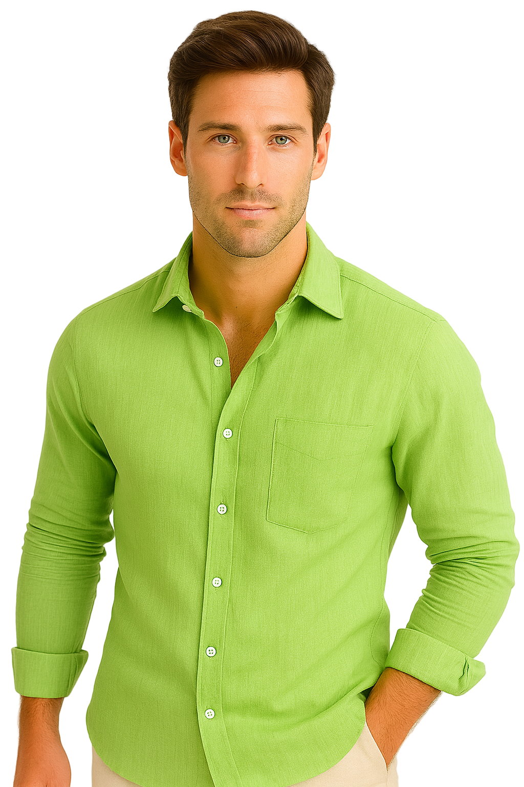 Men’s 100% Linen Long Sleeve Shirt – Classic Resort Style in Lime Green, Navy, and Natural | Casual Tropical Wear