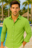 Men’s 100% Linen Long Sleeve Shirt – Classic Resort Style in Lime Green, Navy, and Natural | Casual Tropical Wear - MLS2043