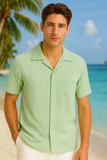 Men’s Textured Short Sleeve Button-Up Shirt – Classic Resort Style in Beige, Mint Green & Taupe | 96% Polyester 4% Spandex