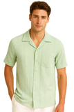 Men’s Textured Short Sleeve Button-Up Shirt – Classic Resort Style in Beige, Mint Green & Taupe | 96% Polyester 4% Spandex