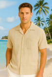 Men’s Textured Short Sleeve Button-Up Shirt – Classic Resort Style in Beige, Mint Green & Taupe | 96% Polyester 4% Spandex