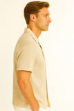 Men’s Textured Short Sleeve Button-Up Shirt – Classic Resort Style in Beige, Mint Green & Taupe | 96% Polyester 4% Spandex