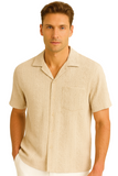 Men’s Textured Short Sleeve Button-Up Shirt – Classic Resort Style in Beige, Mint Green & Taupe | 96% Polyester 4% Spandex