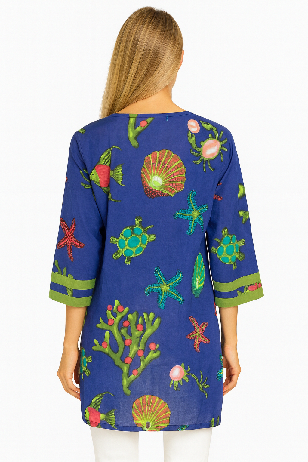 Royal Blue Sea Life Cotton Tunic – 100% Cotton Handcrafted Resort Wear Top with Turtles, Starfish & Coral Design - LCT3691 - Casual Tropical Wear