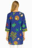 Royal Blue Sea Life Cotton Tunic – 100% Cotton Handcrafted Resort Wear Top with Turtles, Starfish & Coral Design - LCT3691