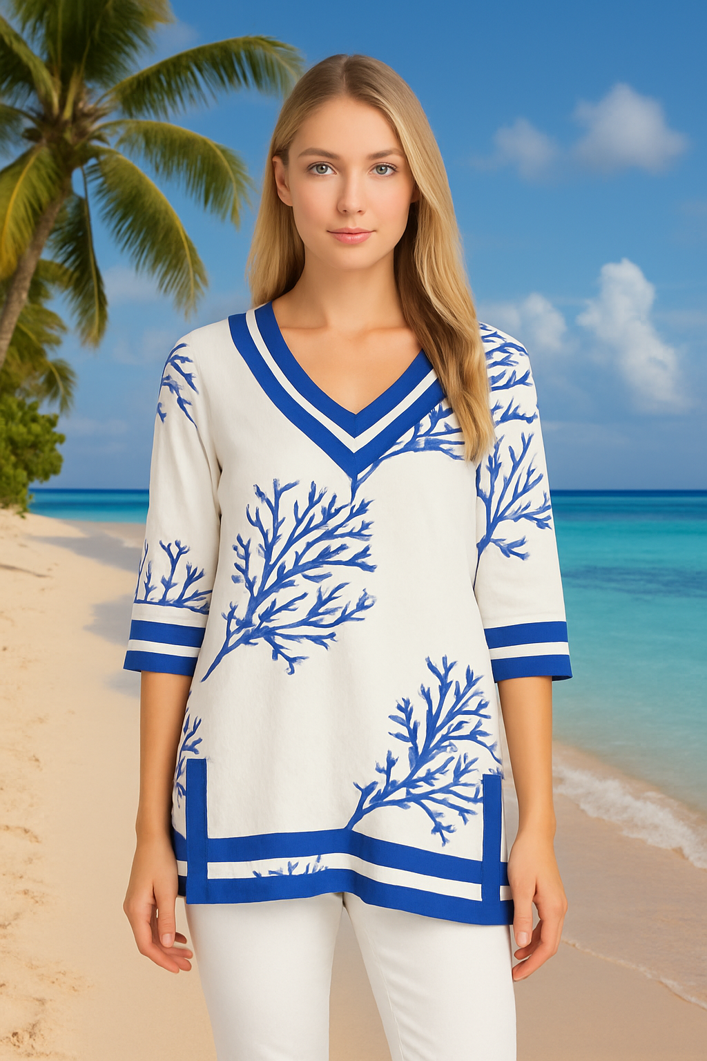 White & Royal Blue Coral Print Cotton Tunic – 100% Cotton Resort wear Top or Beach Cover-Up - LCT3694 - Casual Tropical Wear