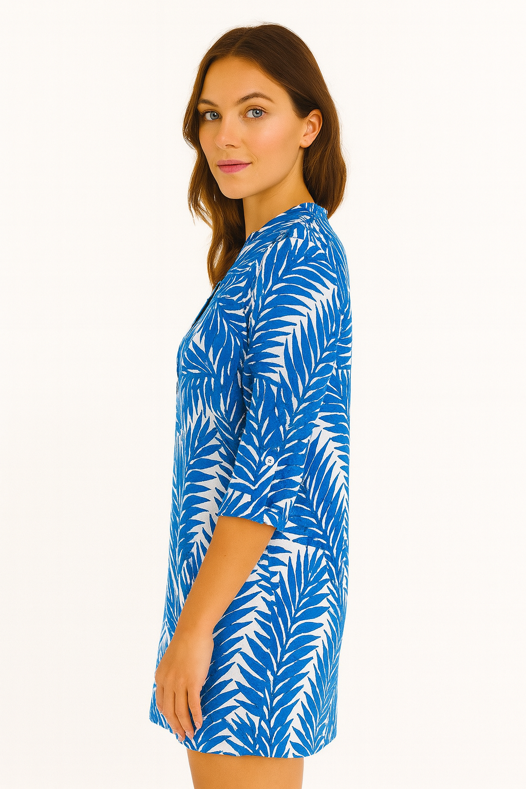 Blue Palm Leaf Print Cotton Tunic – 100% Cotton Resortwear Top, Blouse or Dress - LCT3591 - Casual Tropical Wear