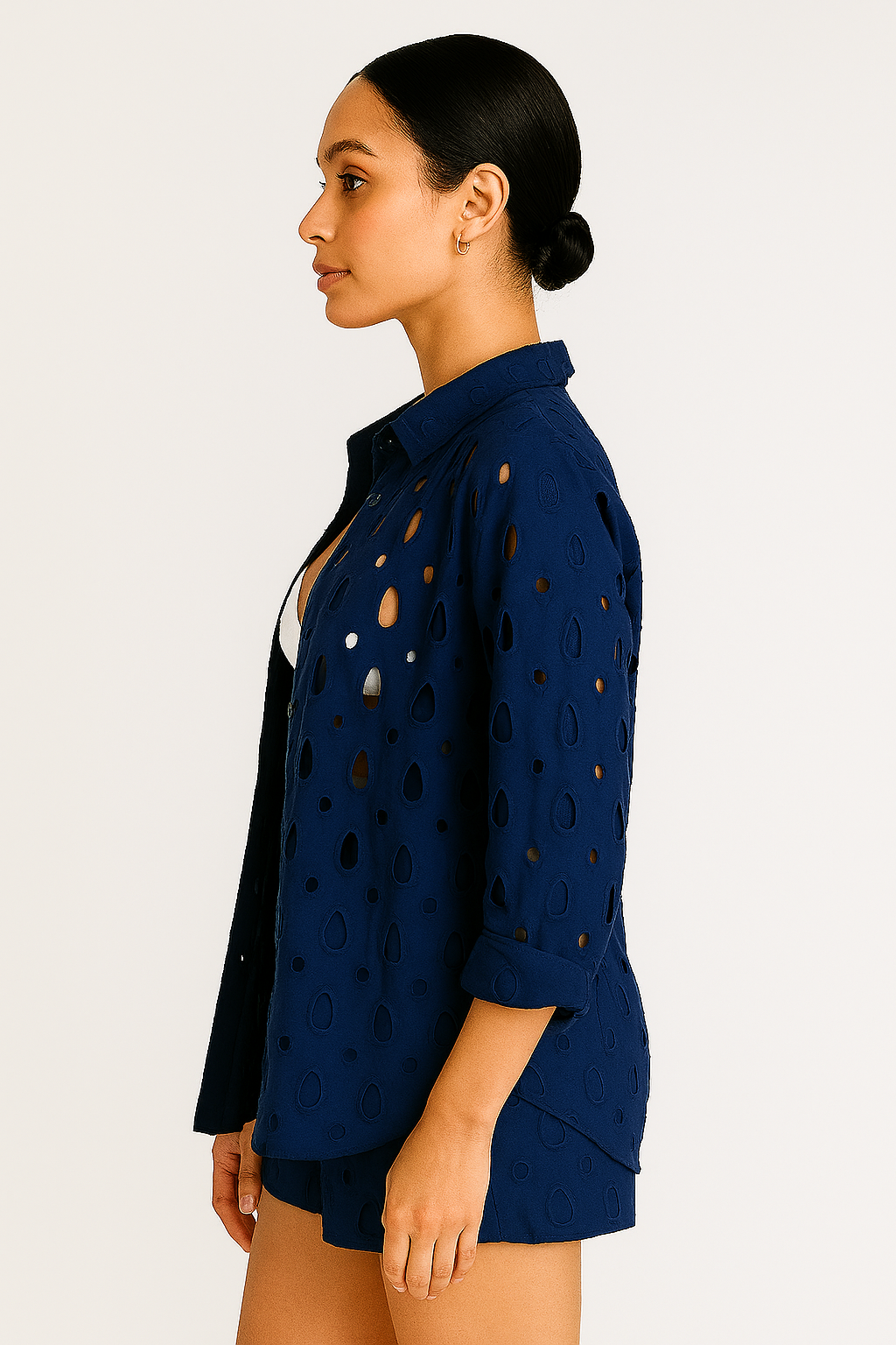 Women's 2-Piece Embroidered Eyelet Set – Button-Up Shirt & Shorts (White, Navy, Orange) - LCS3719 - Casual Tropical Wear