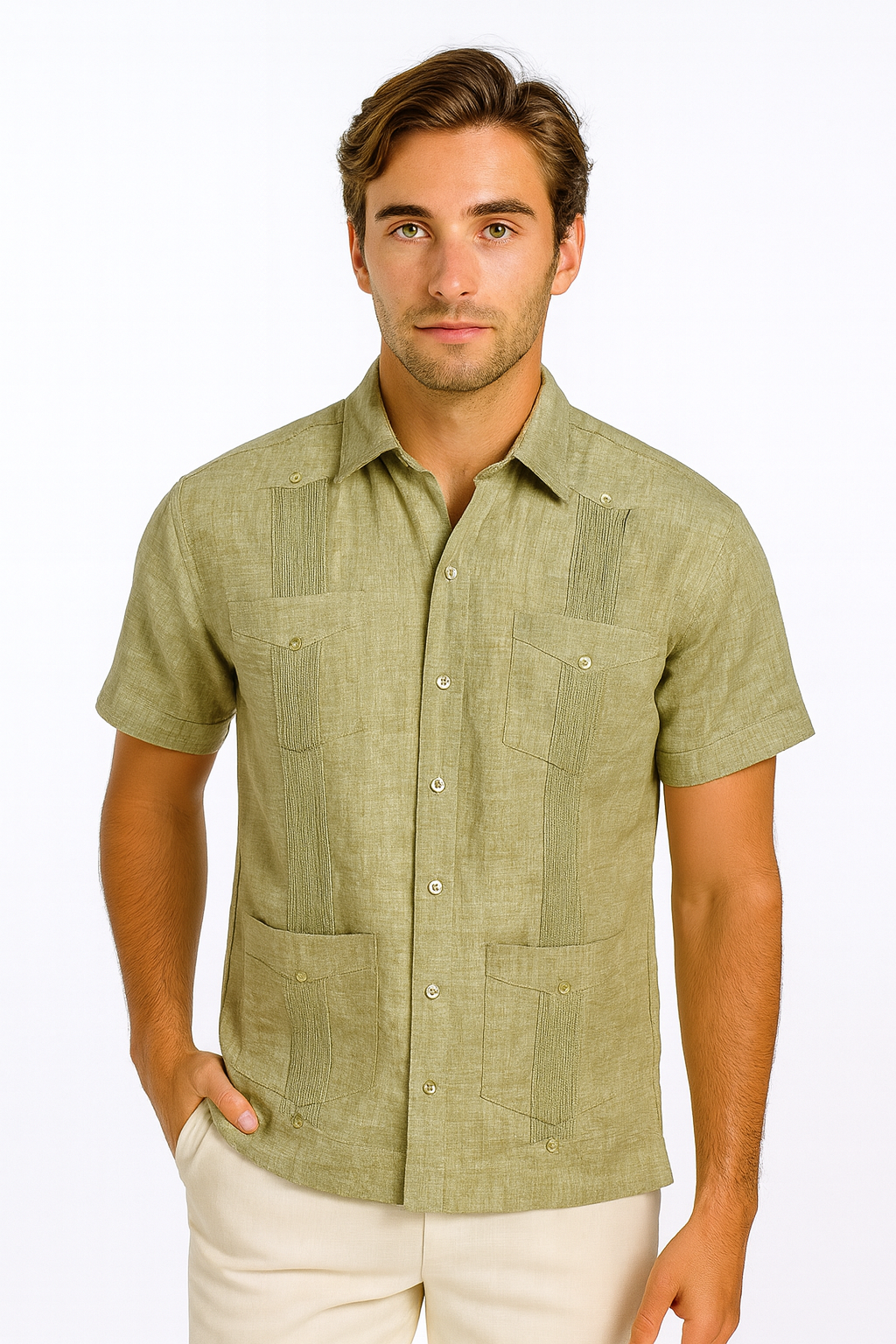 Men’s Wrinkle-Free Linen Look Guayabera Shirt – Short Sleeve, Linen Blend (6 Colors) -MLG3525 - Casual Tropical Wear