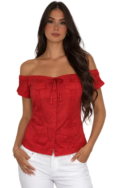 Women's Off-Shoulder Guayabera Linen Top – 100% Linen Button Front Summer Blouse | Resort & Vacation Wear | Available in 5 Colors- LLGB3007 - Casual Tropical Wear