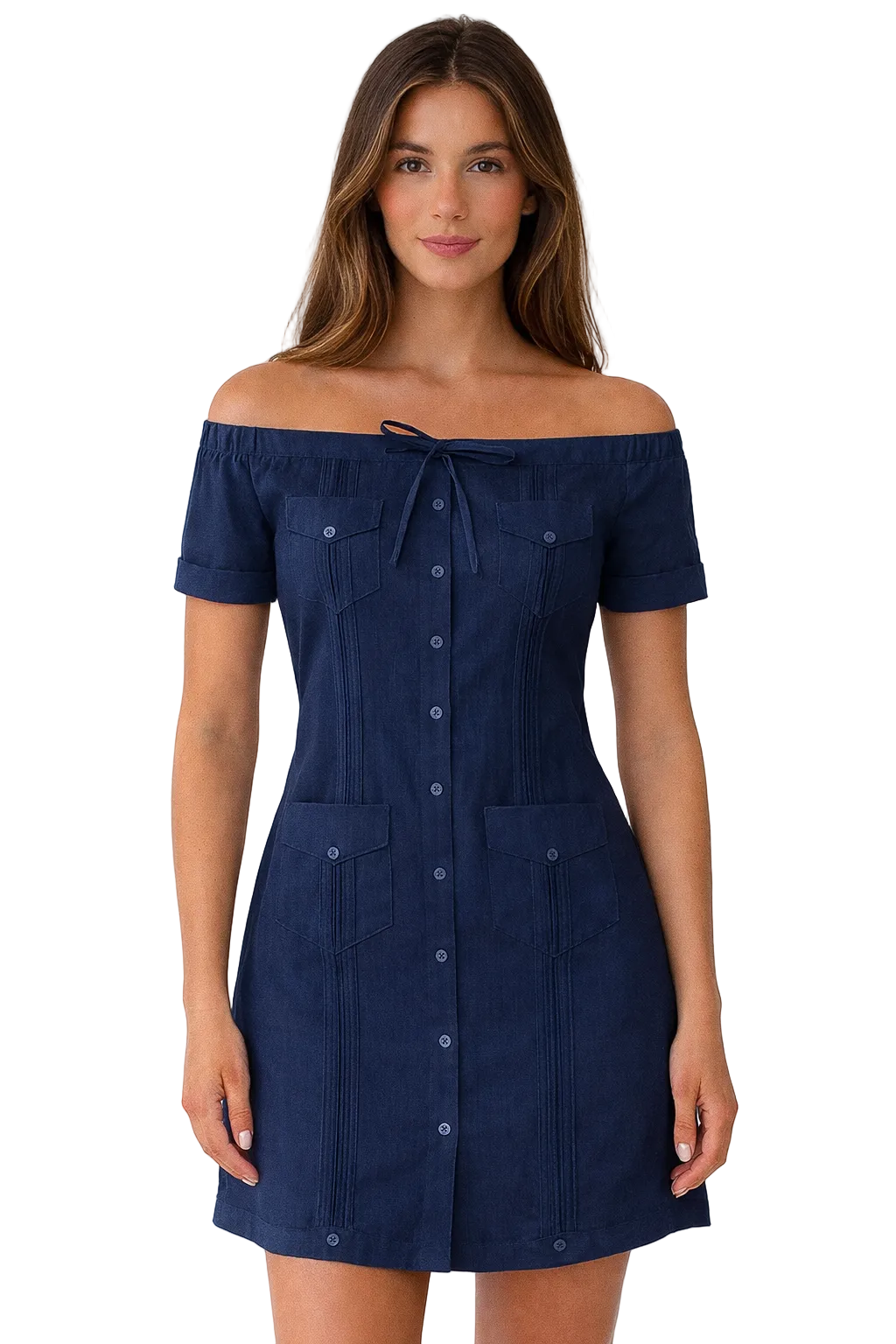Ladies 100% Soft Linen Traditional (4) Pocket Guayabera Dress in (5) Colors - LLGD3011 - Casual Tropical Wear