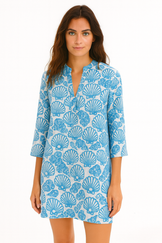 Blue Seashell Print Cotton Tunic – 100% Cotton Beach Cover-Up, Blouse or Dress - LCT3589 - Casual Tropical Wear