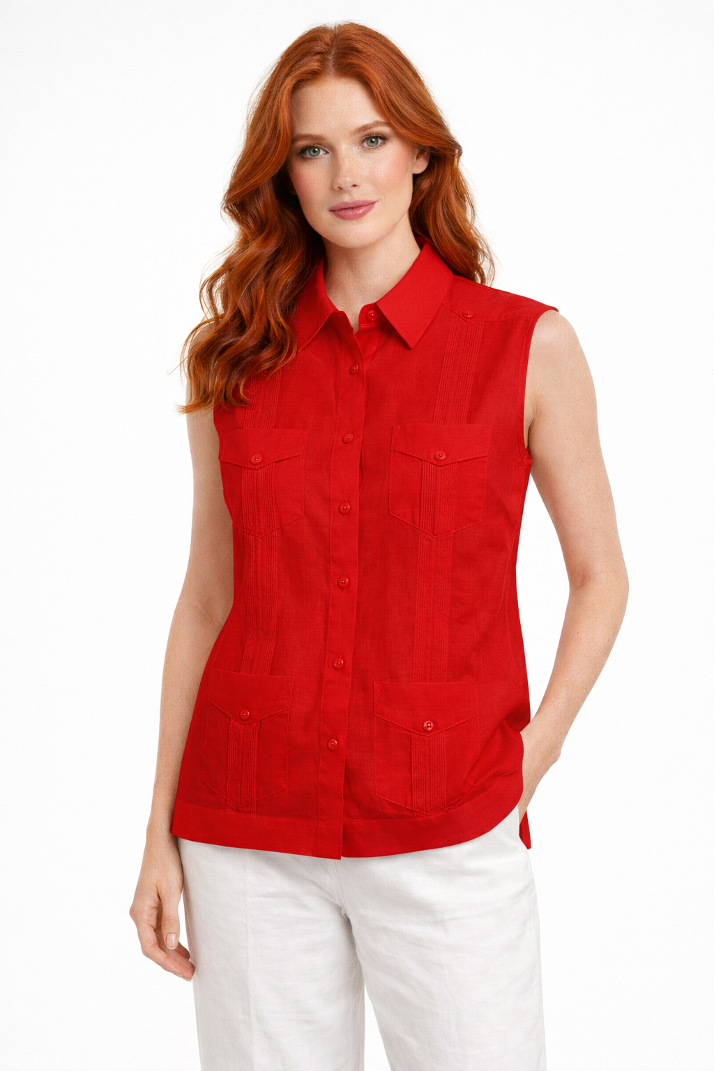 Azucar Ladies 100% Soft Linen Traditional (4) Pocket Guayabera Blouse in (5) Colors- LLGB3006 - Casual Tropical Wear