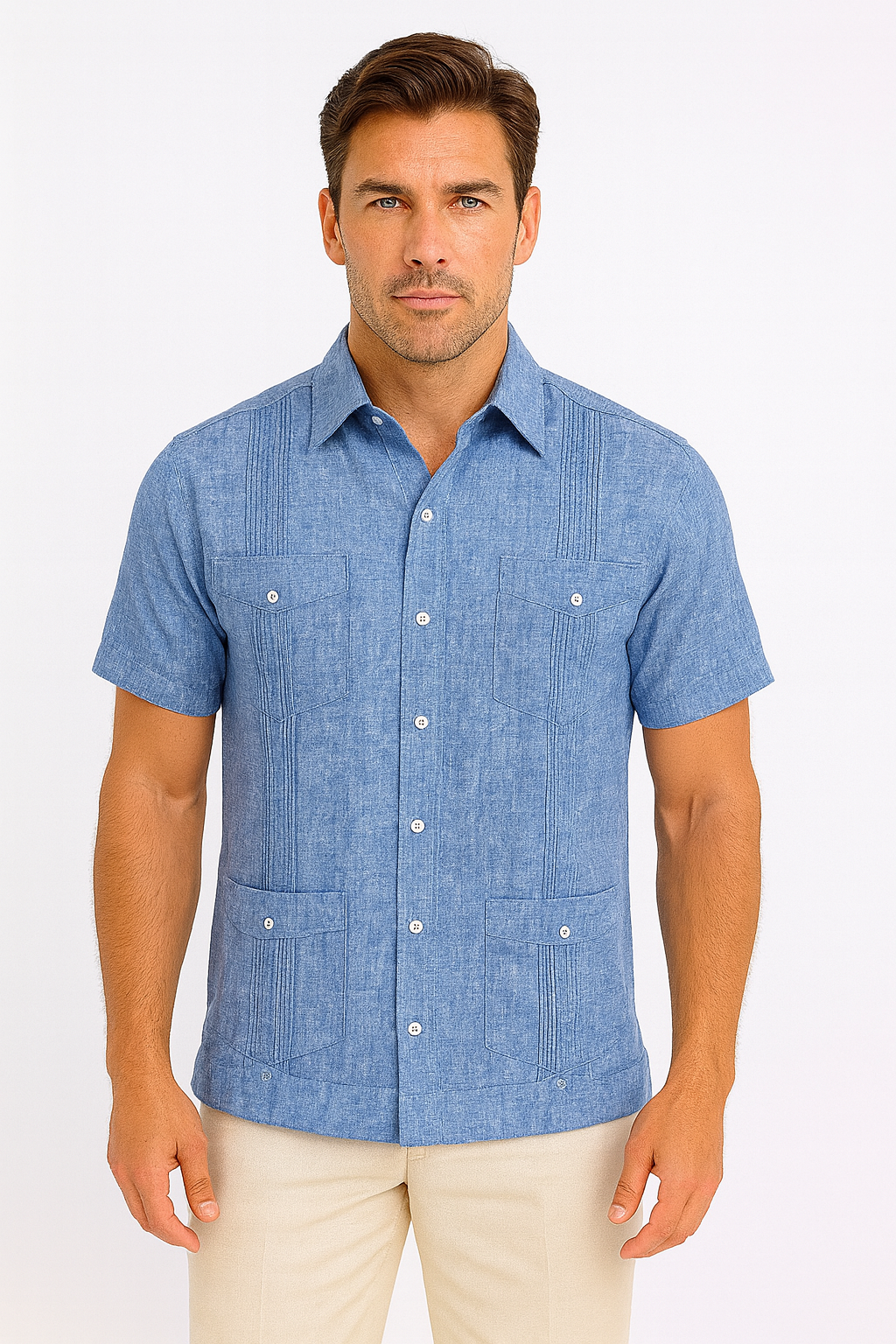Men’s Wrinkle-Free Linen Look Guayabera Shirt – Short Sleeve, Linen Blend (6 Colors) -MLG3525 - Casual Tropical Wear