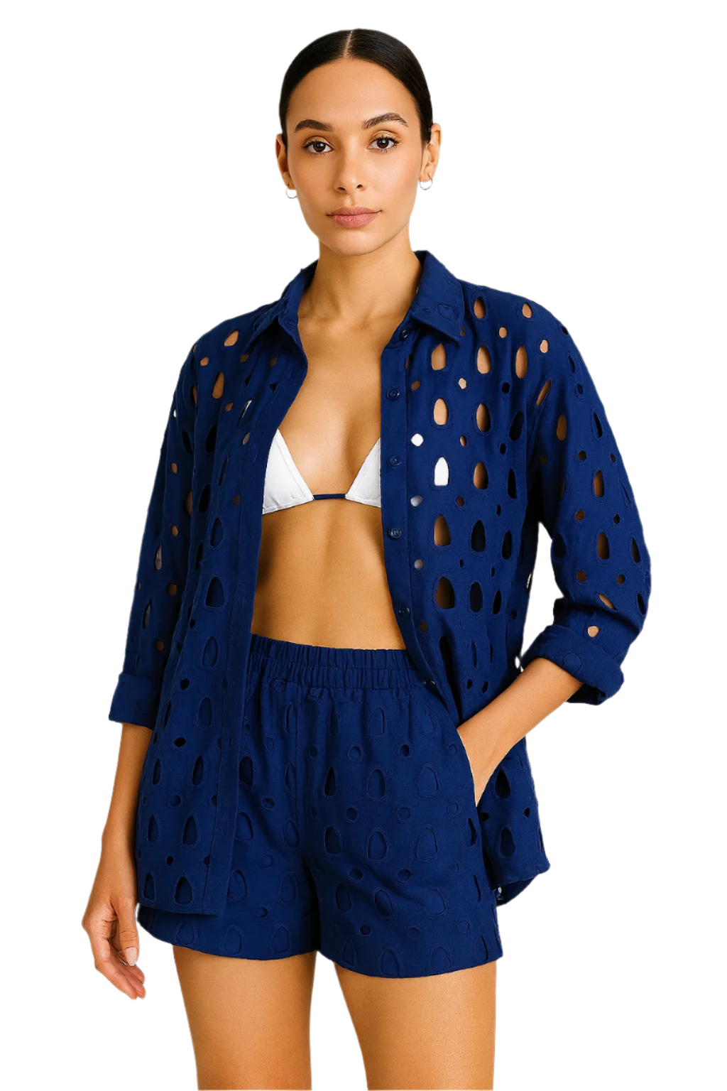 Women's 2-Piece Embroidered Eyelet Set – Button-Up Shirt & Shorts (White, Navy, Orange) - LCS3719 - Casual Tropical Wear