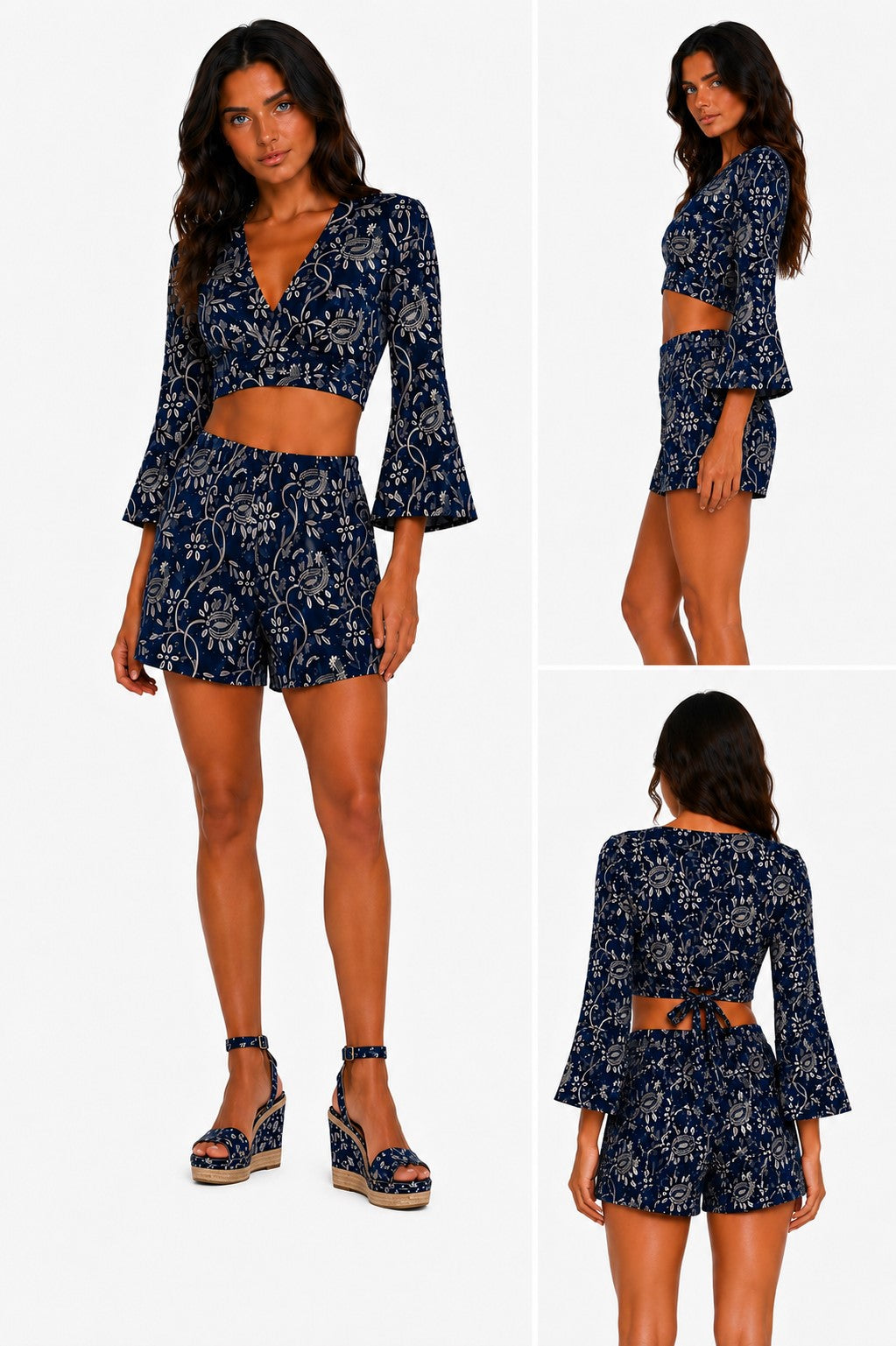 Cabana Club Printed Wrap Crop Top – Bell Sleeve Resort Top