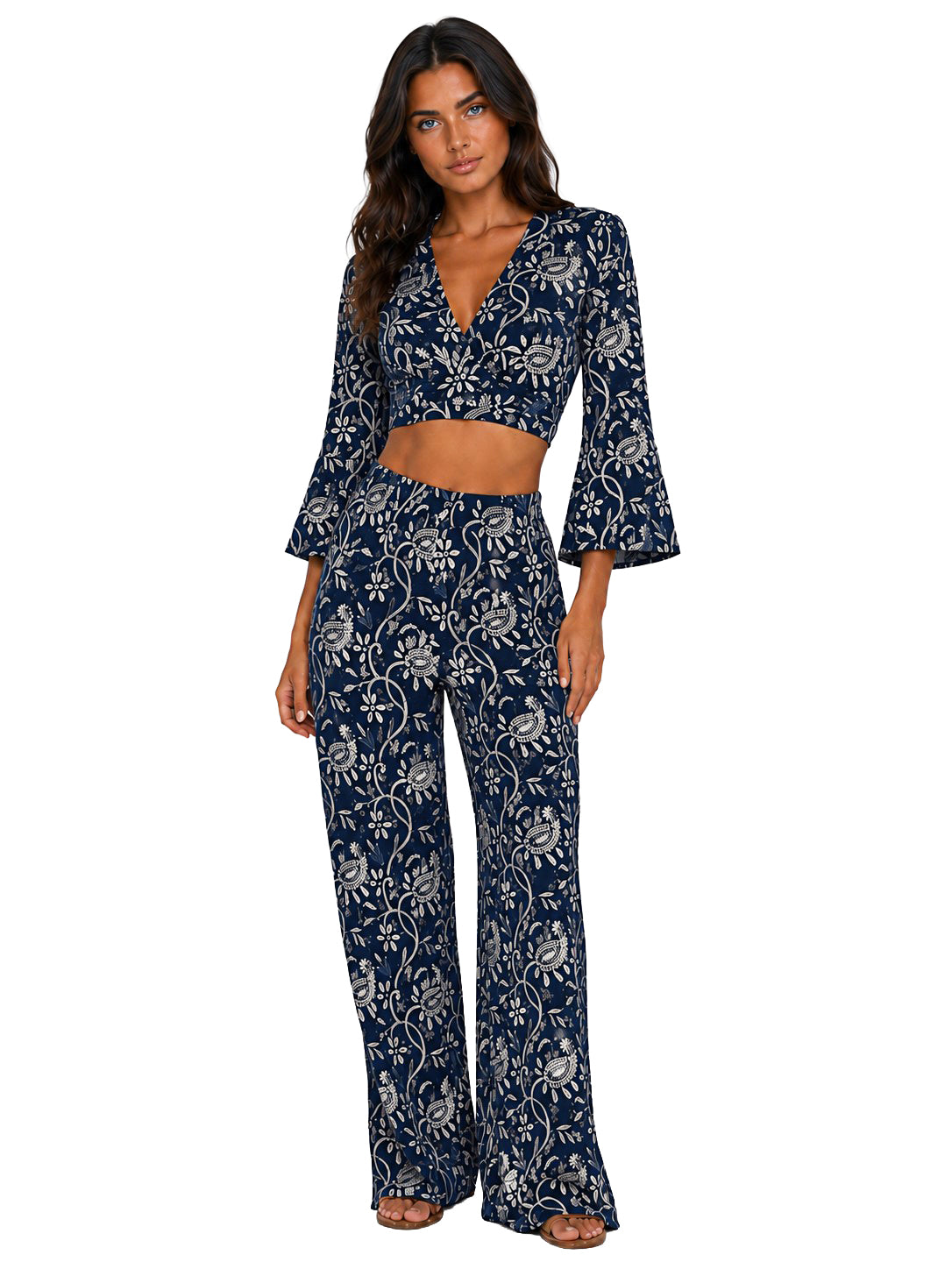 Cabana Club Printed Wrap Crop Top – Bell Sleeve Resort Top
