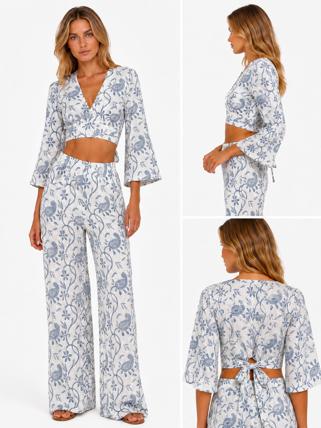 Cabana Club Printed Wrap Crop Top – Bell Sleeve Resort Top