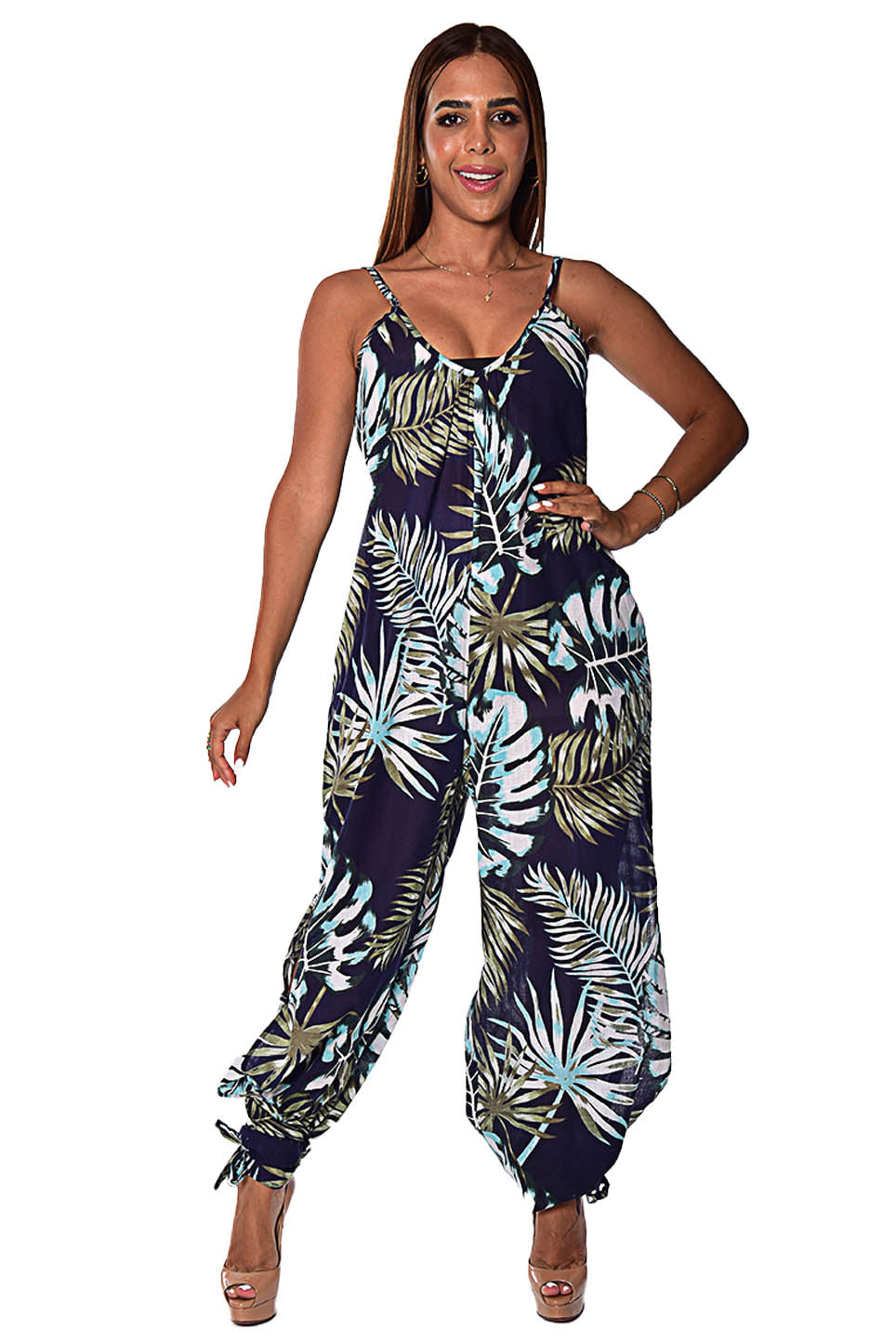 Wide Leg Spaghetti Strap Jumpsuit with Side Slits - LCJ1359 - Casual Tropical Wear