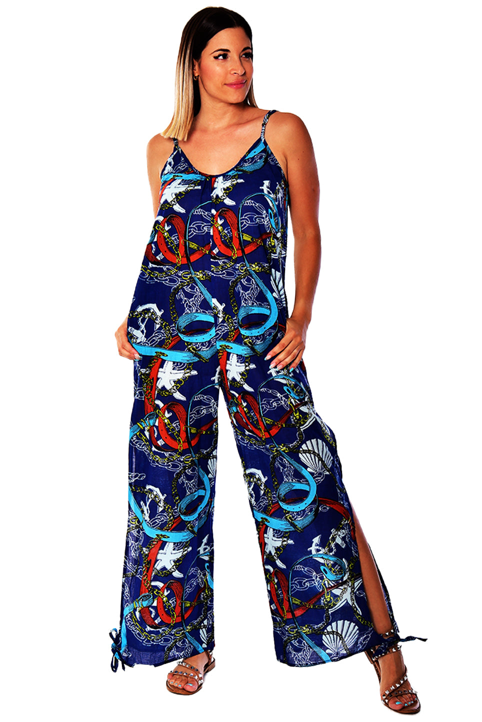 Wide Leg Spaghetti Strap Jumpsuit with Side Slits - LCJ1359 - Casual Tropical Wear