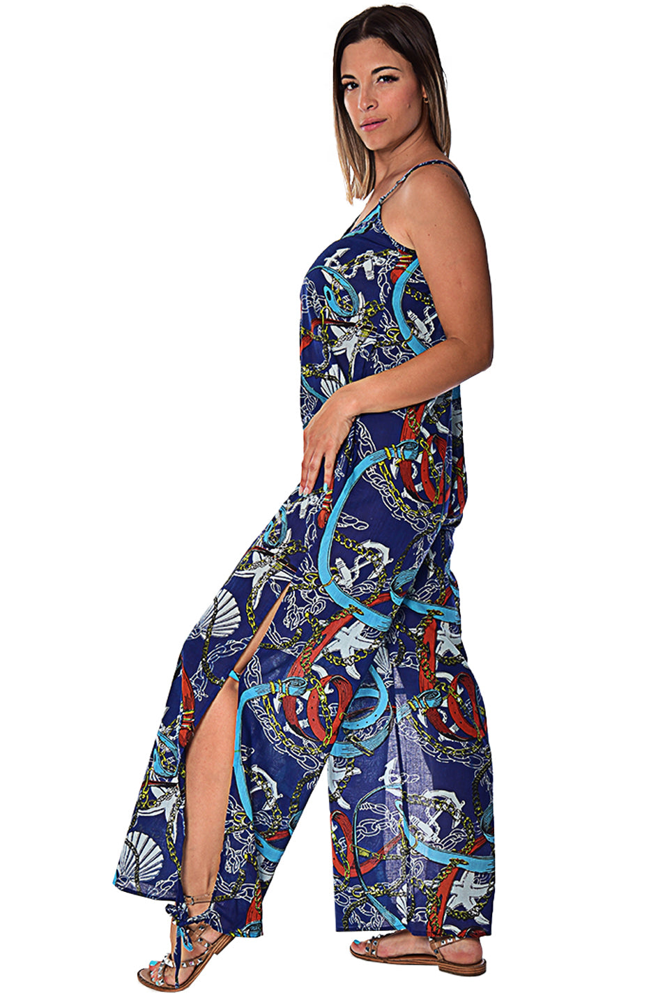 Wide Leg Spaghetti Strap Jumpsuit with Side Slits - LCJ1359 - Casual Tropical Wear