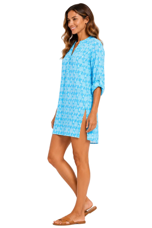 Beach Splash Collection Women's Aqua Sea Turtle Print Beach Cover-Up | Lightweight Swim Cover-Up | Resort Tunic by Azúcar - LCT3998